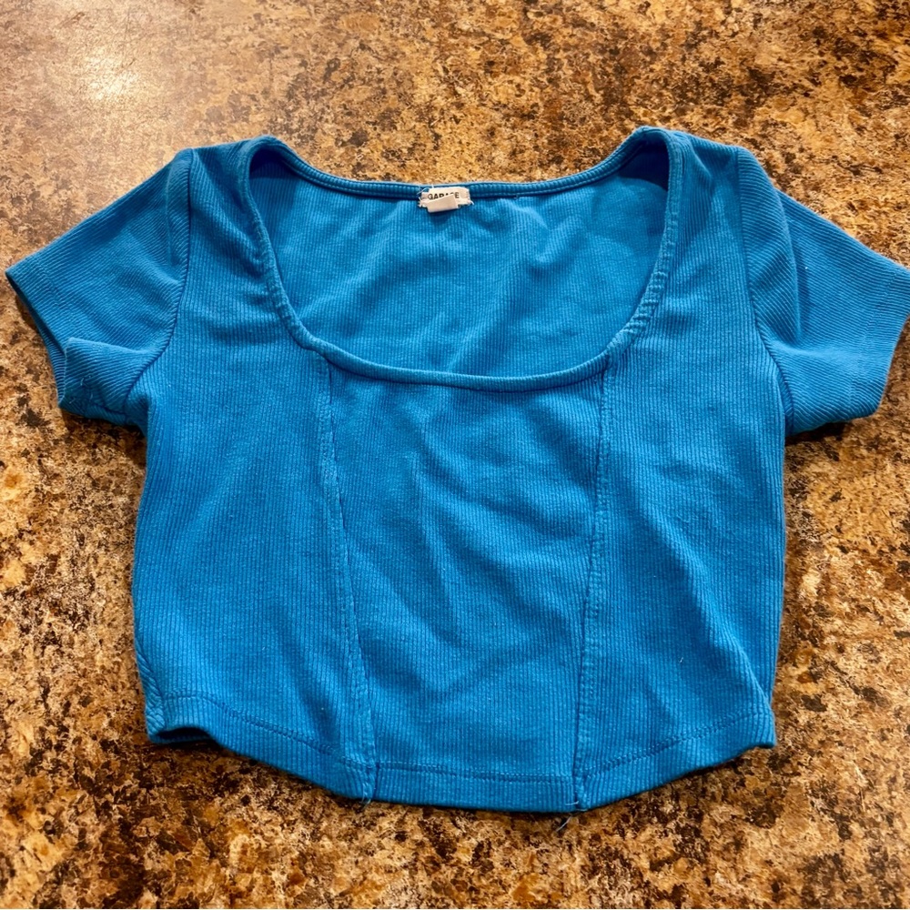 Garage Teal Blue Ribbed Scoop Neck Short Sleeve Fitted Top XS